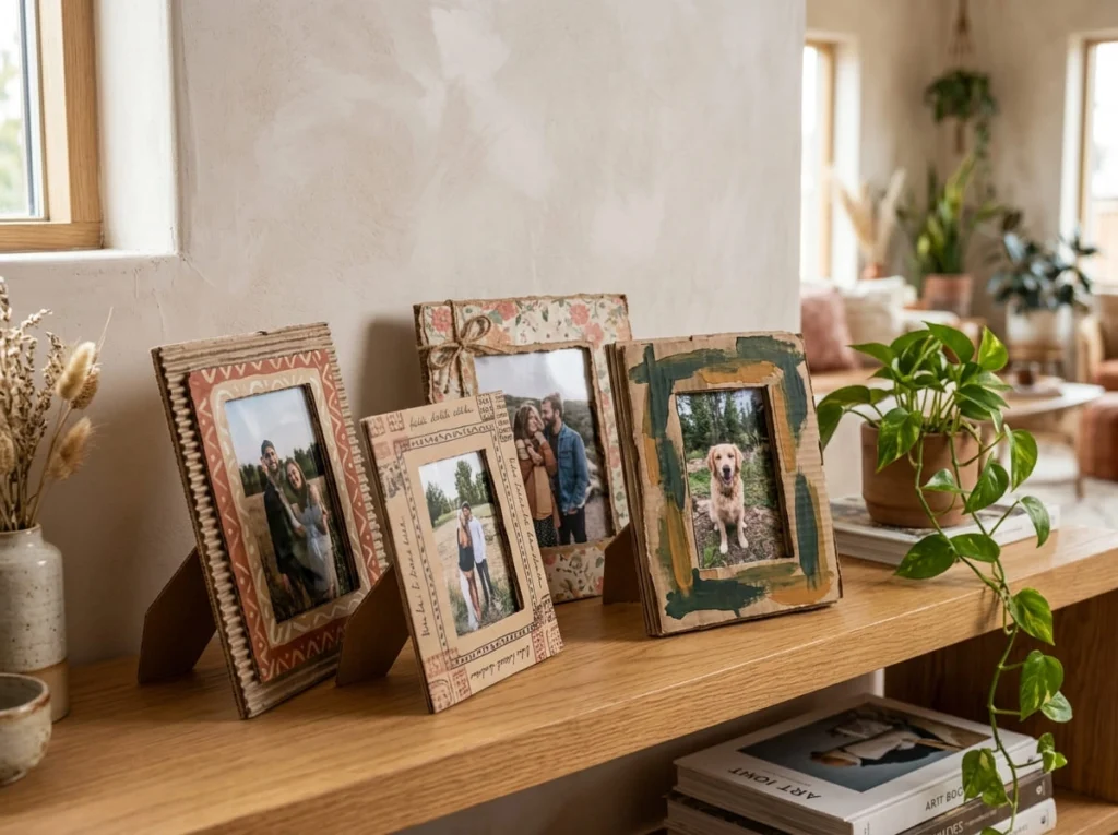 Finished handmade cardboard photo frame displayed as home decor