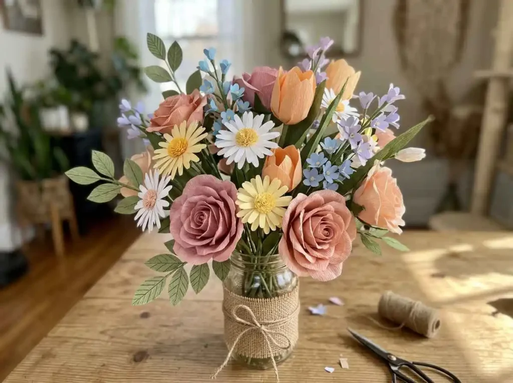 Finished handmade paper flowers arranged as a colorful bouquet