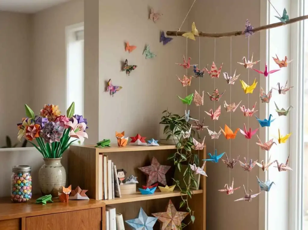 Finished origami paper decorations made from colorful folded paper