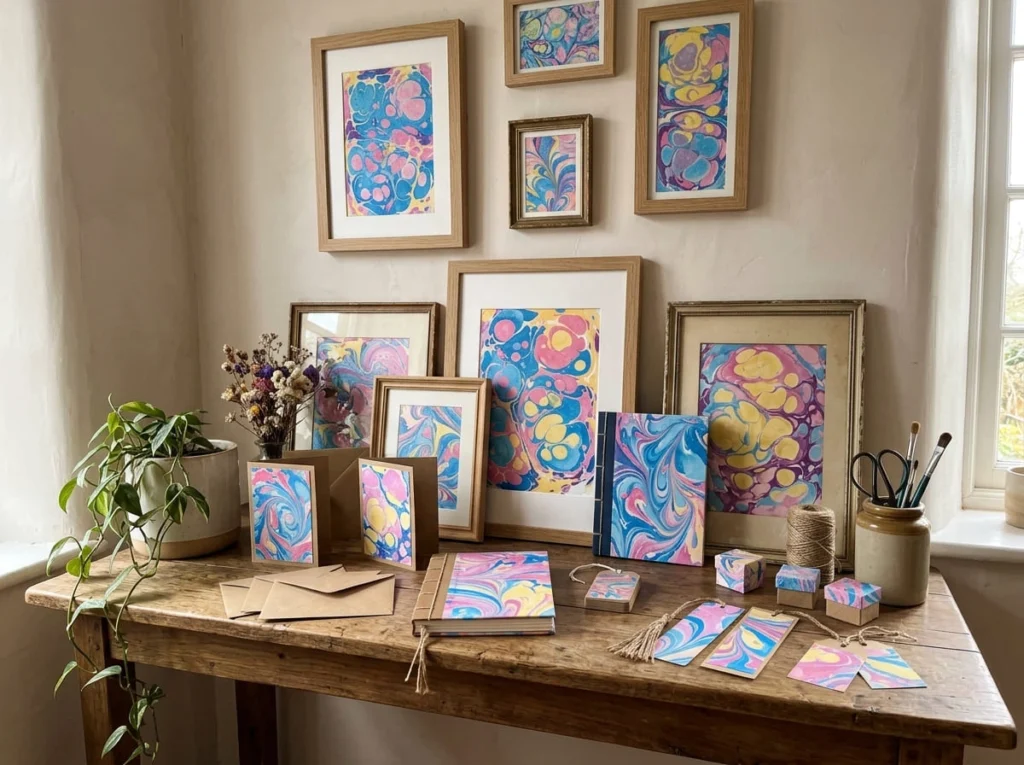 Finished shaving cream marbling artwork displayed as decoration