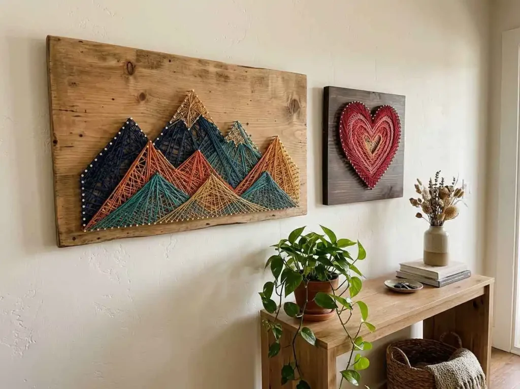 Finished handmade string art used as wall decoration