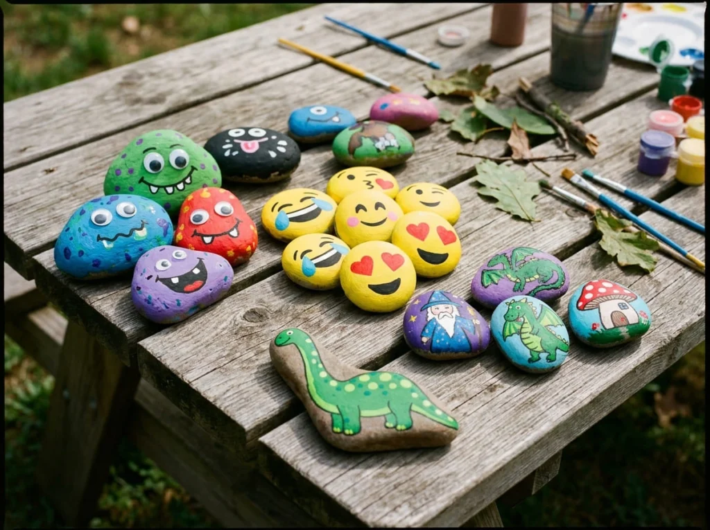 Fun character rock painting ideas for kids with monster emoji and dinosaur designs