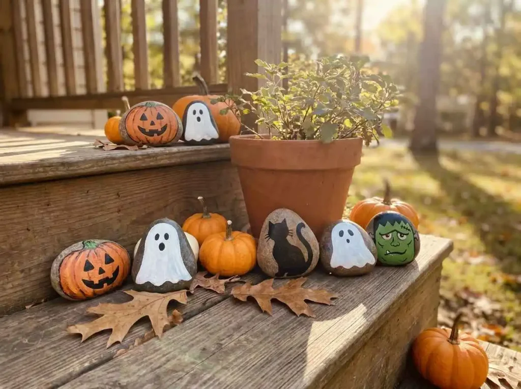 Halloween painted rocks used as simple seasonal decorations