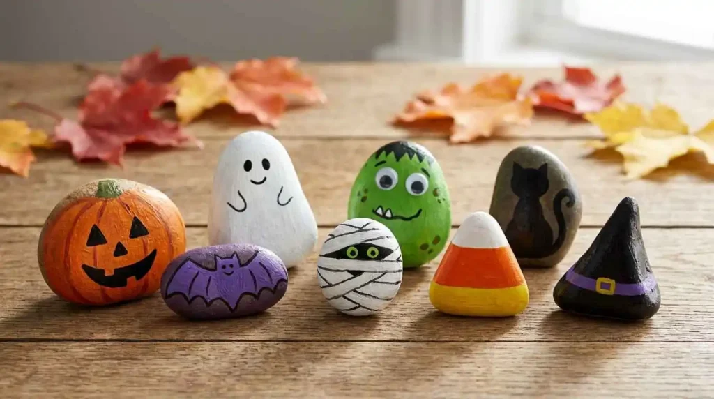 Halloween rock painting ideas with pumpkins, ghosts, monsters and bats
