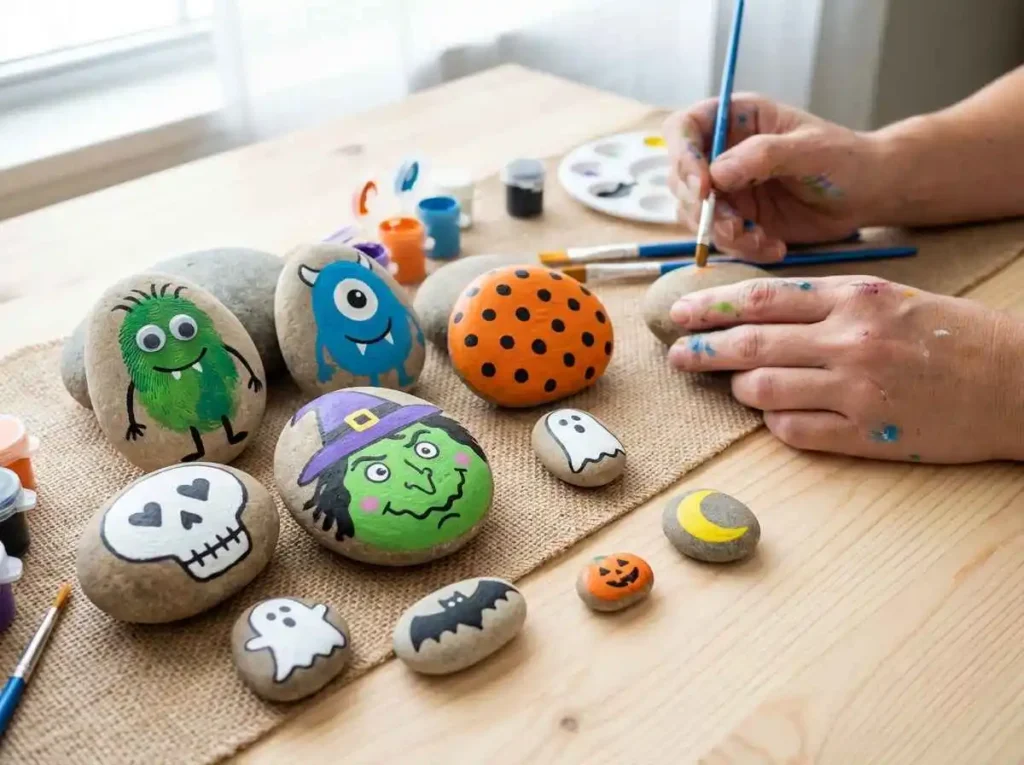 Easy Halloween rock painting ideas for kids with colorful monster and pumpkin rocks
