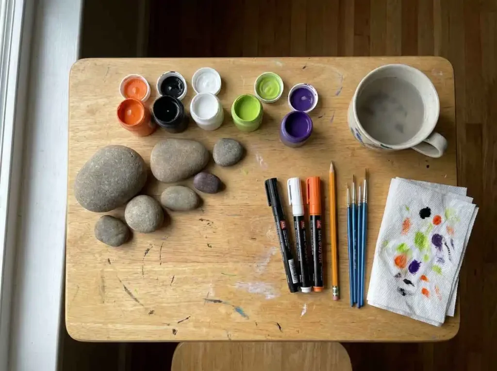 Simple supplies for painting Halloween rocks