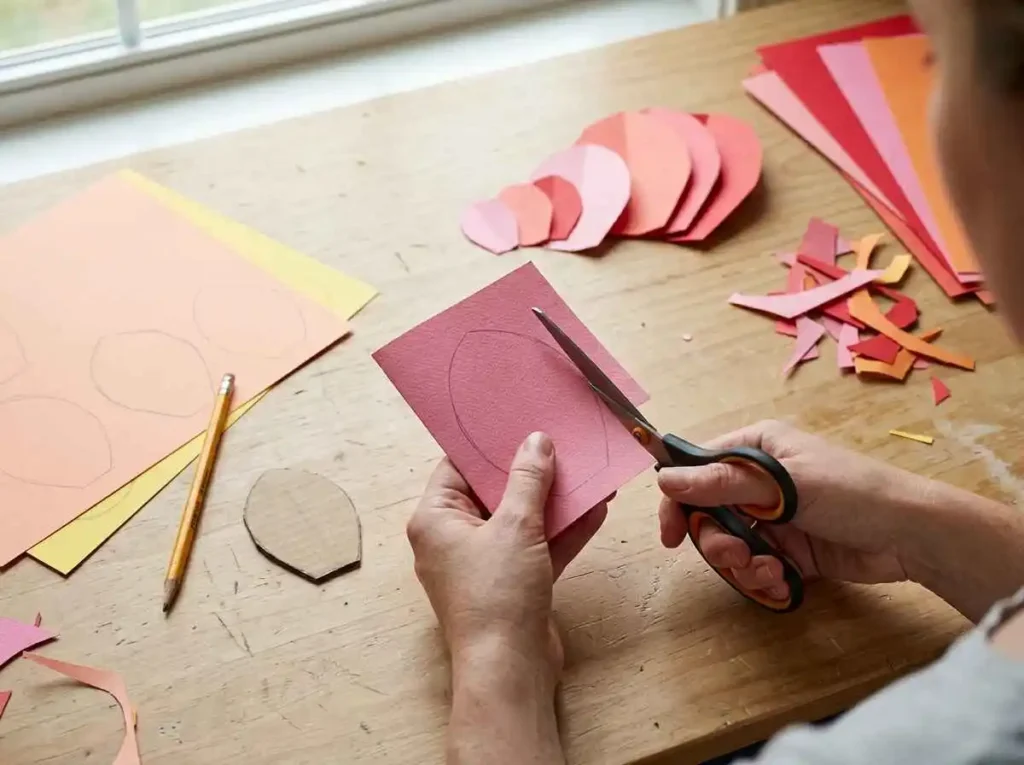 Cutting paper flower petals by hand using scissors