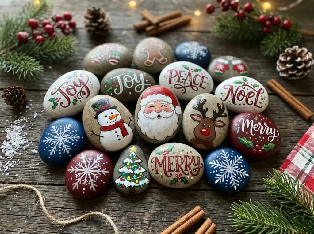 Handmade Christmas painted rocks created with simple holiday designs