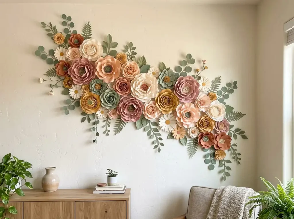 Finished handmade paper flower wall decoration in a home setting