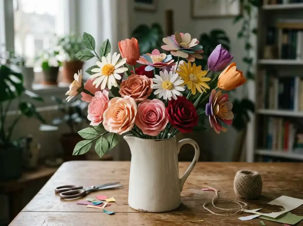 Finished handmade paper flowers created without Cricut