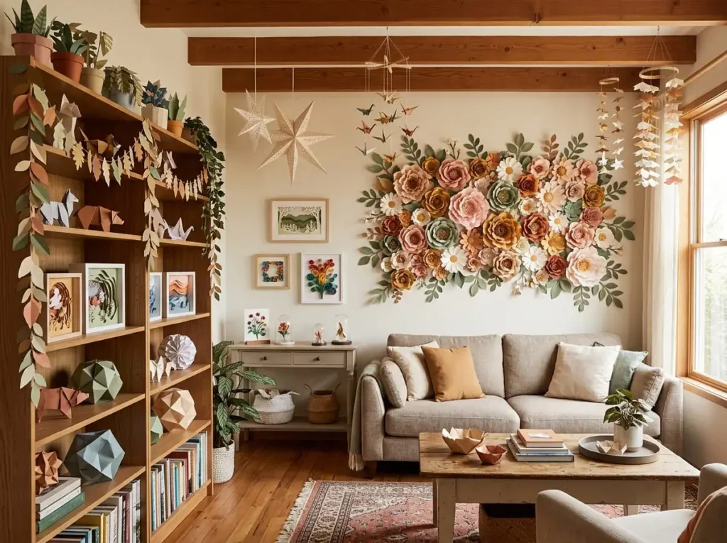 Handmade paper crafts decorating a home with creative DIY ideas