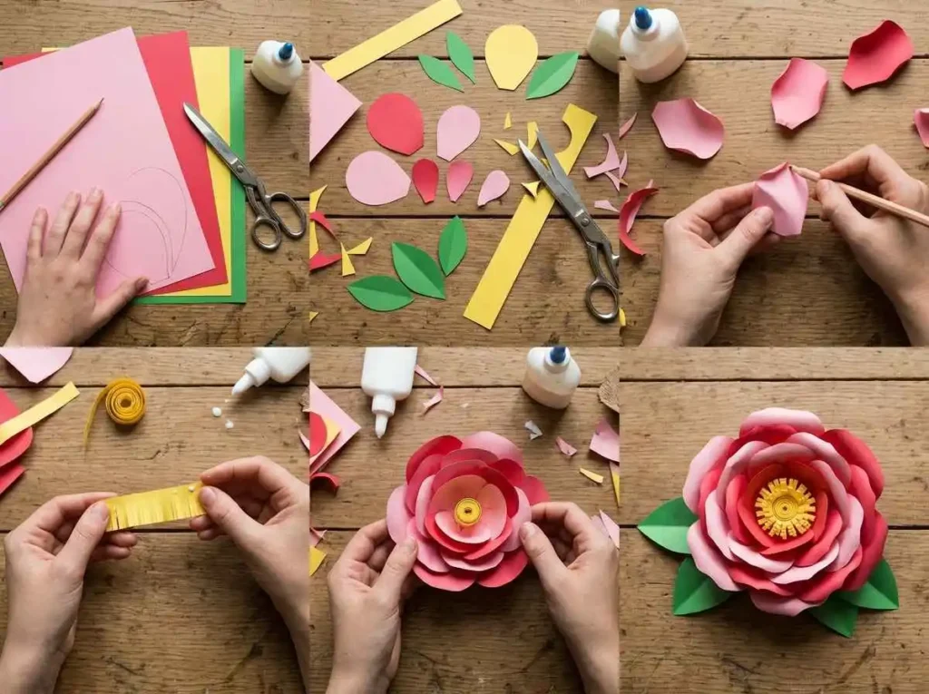 Step by step process showing how to make paper flowers