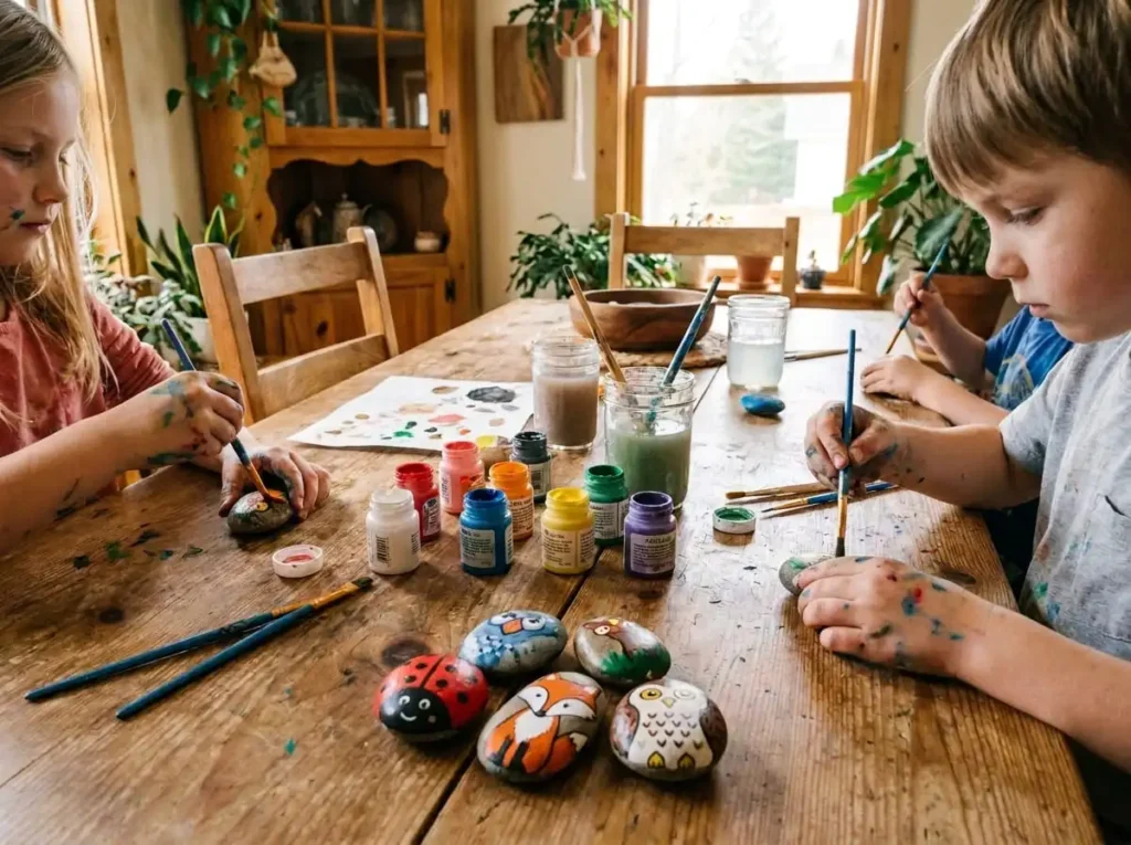 Children creating cute animal rock painting crafts