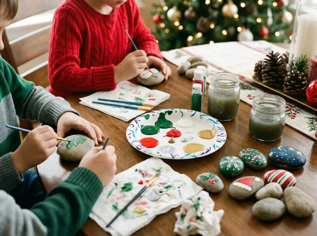 Kids creating Christmas painted rocks during a holiday craft activity
