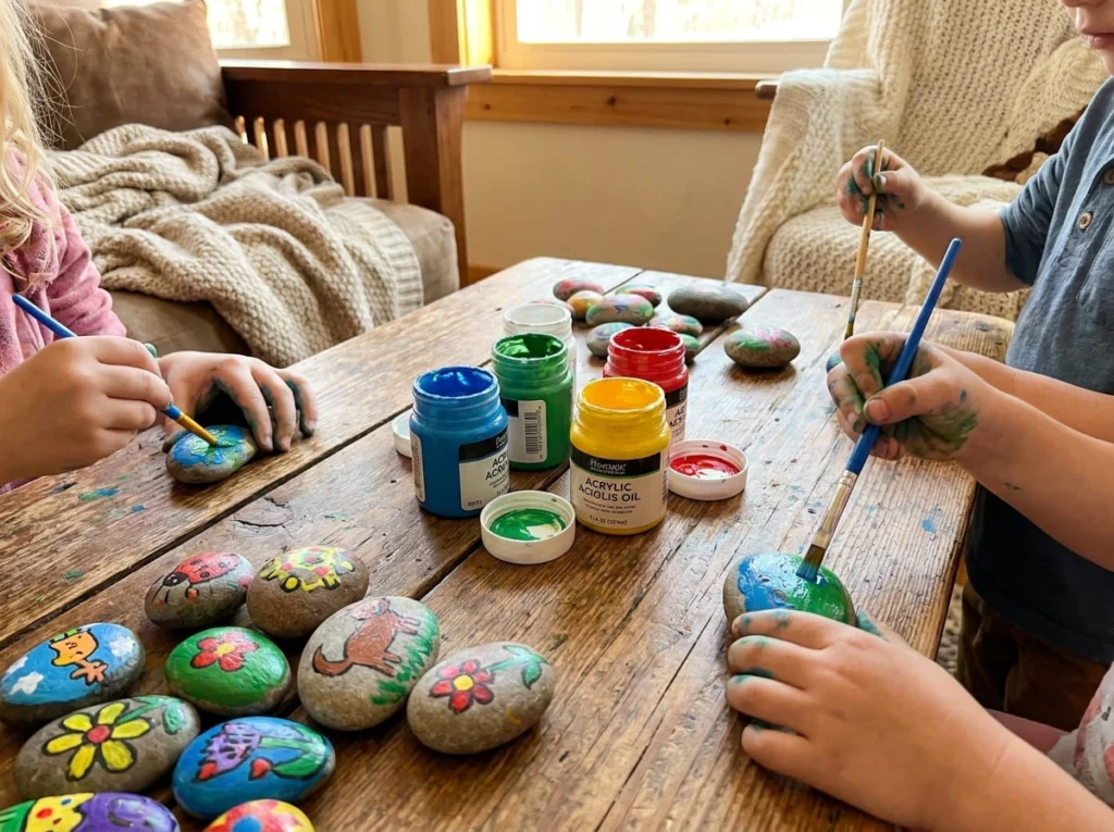 Children creating painted rocks during a fun craft activity