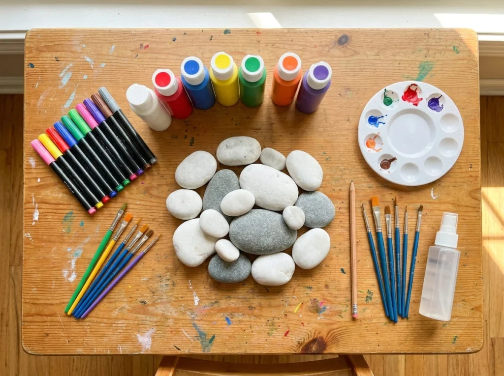 Supplies needed for kids rock painting including acrylic paints brushes and rocks