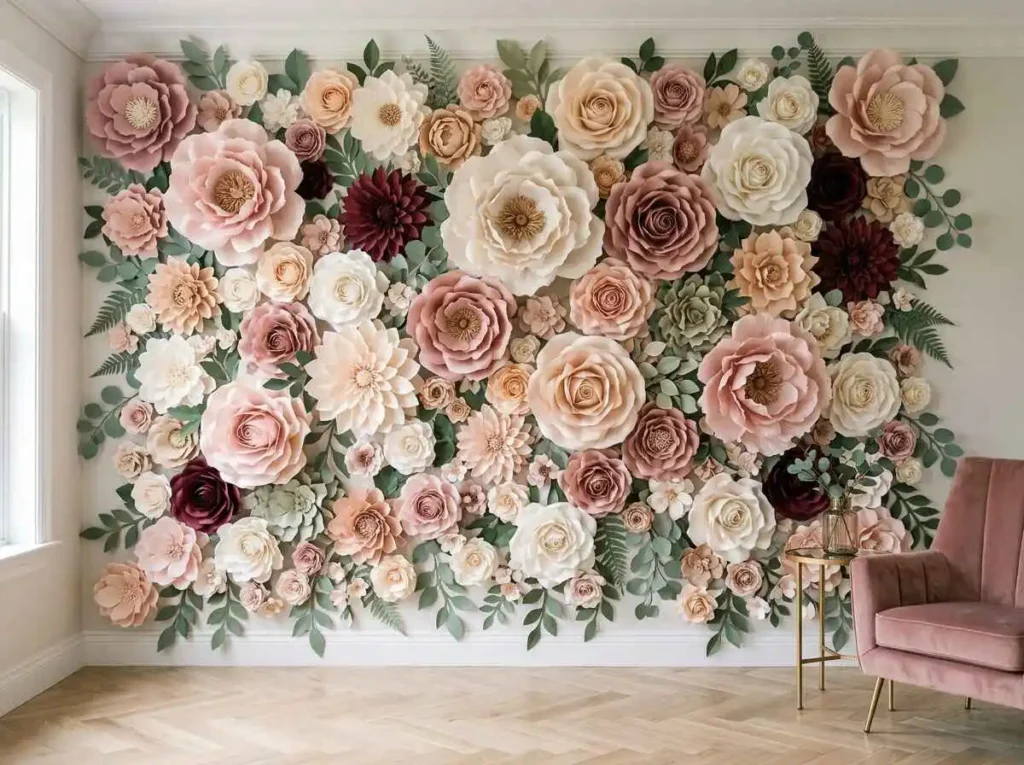 Large paper flower wall display with oversized handmade flowers