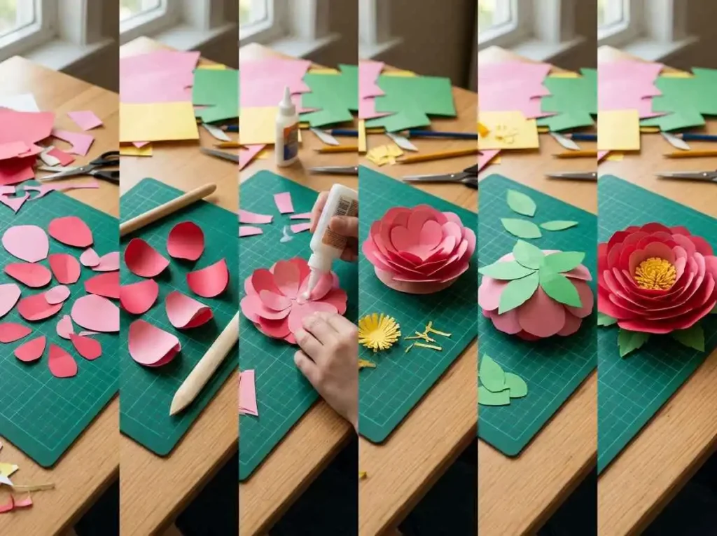 Step by step process of assembling handmade paper flowers