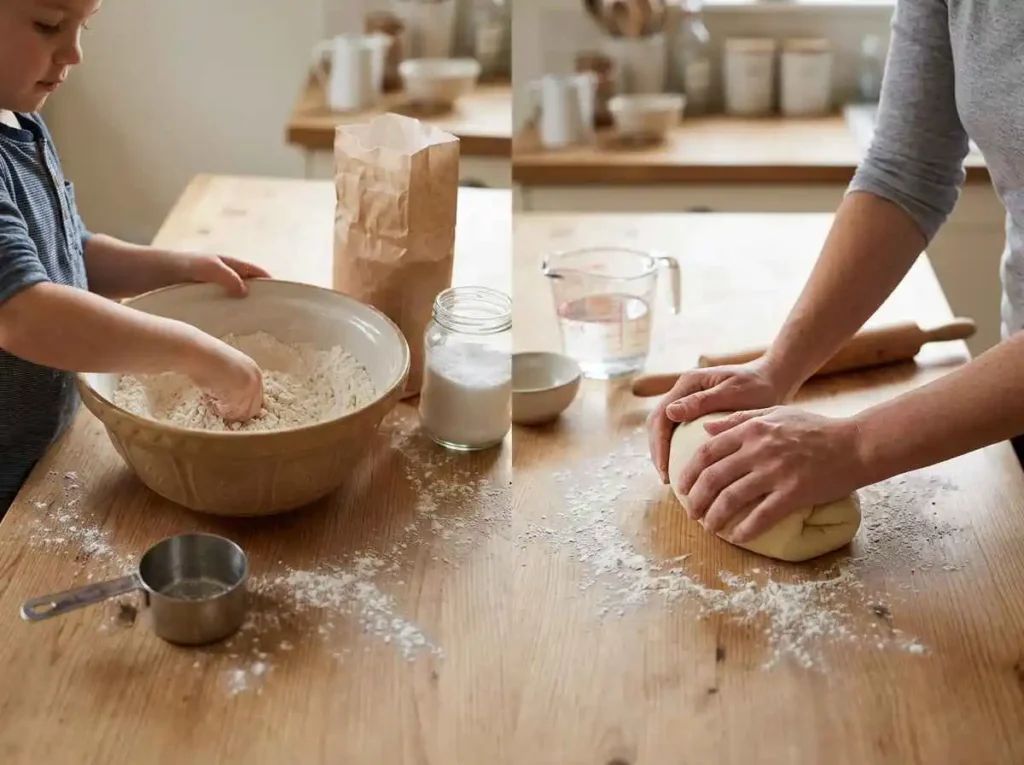 Mixing and kneading homemade salt dough for kids crafts