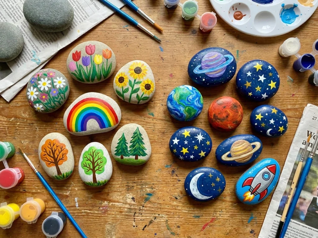 Nature and space inspired rock painting ideas for children