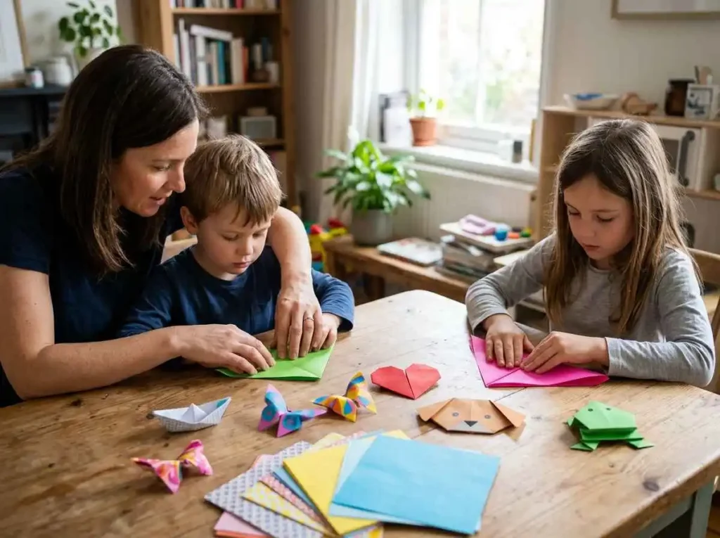 Kids and family making easy origami paper crafts together