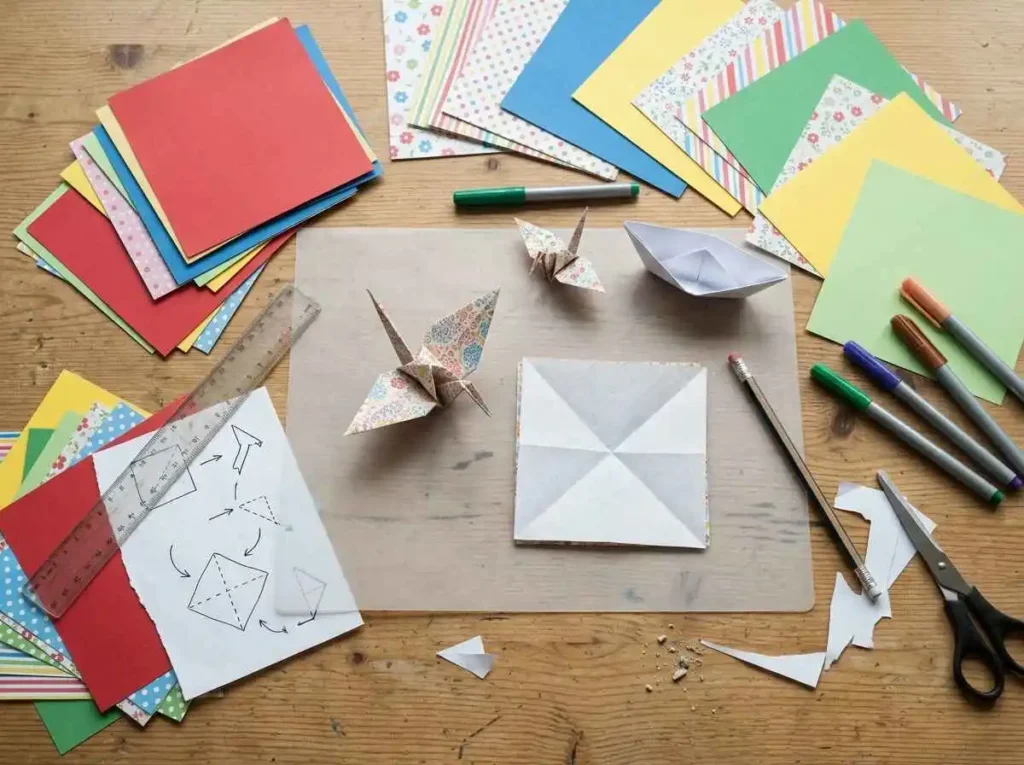 Origami supplies including colorful paper for beginner crafts