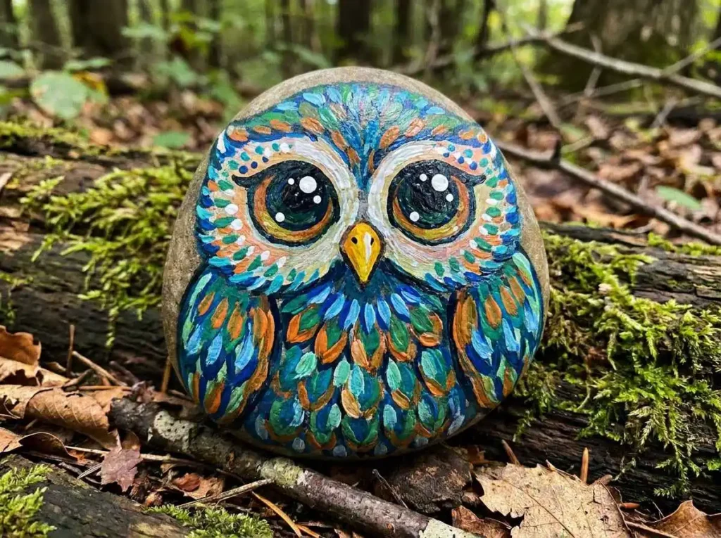 Cute owl rock painting design with colorful feather details