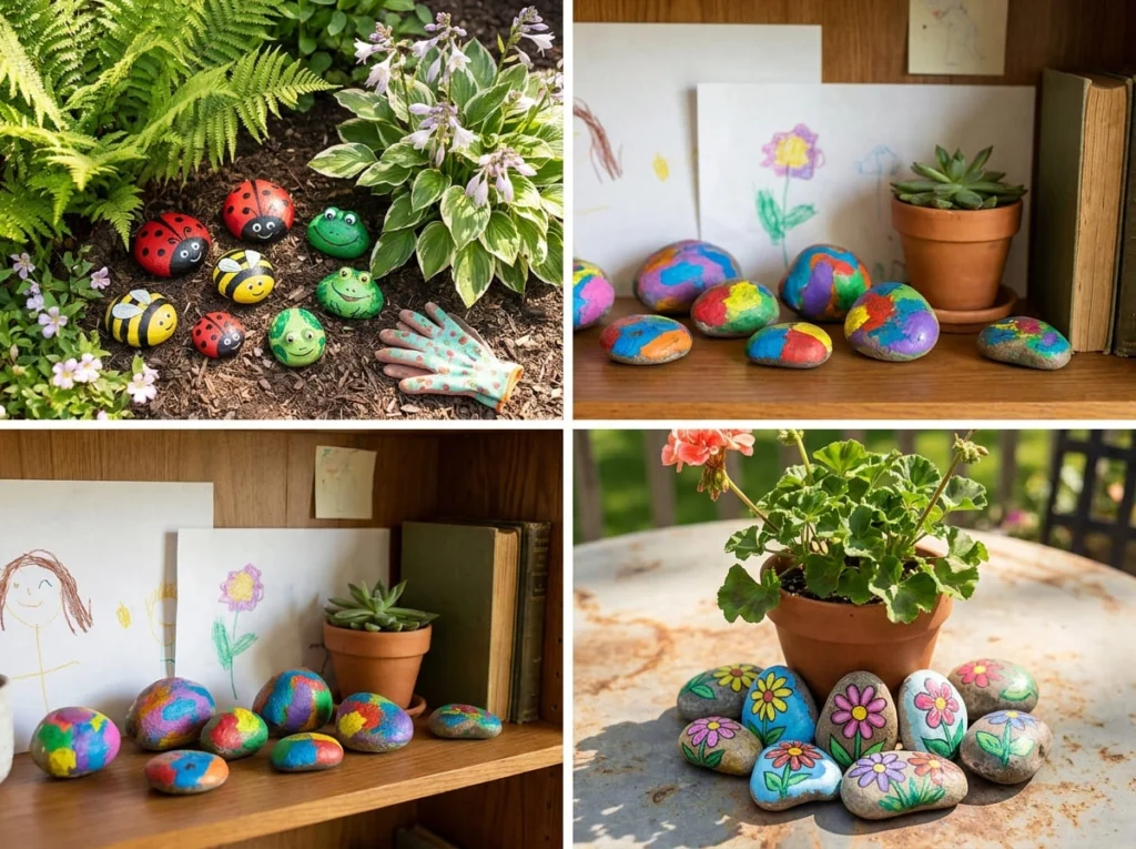 Painted rocks used as handmade garden and room decorations