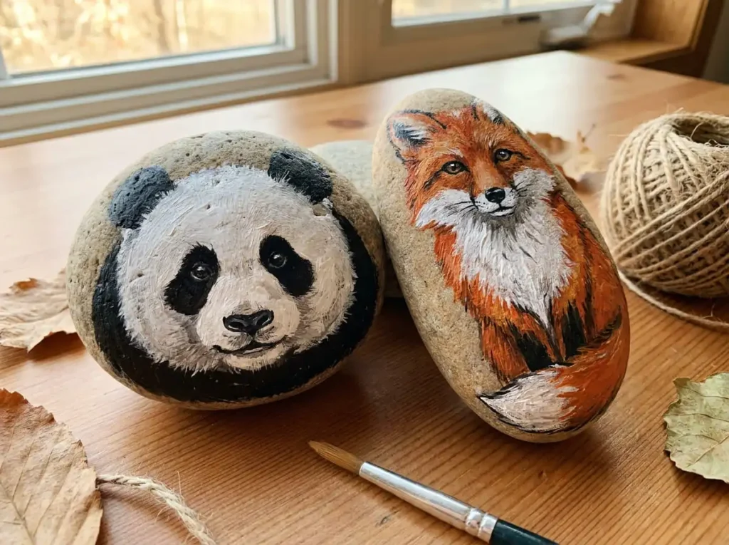 Cute panda and fox painted rocks using acrylic paint