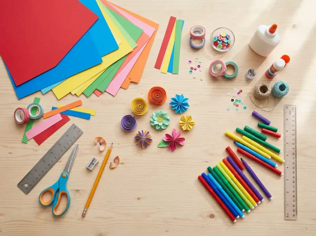 Paper craft supplies including colored paper scissors glue and tools for DIY decorations