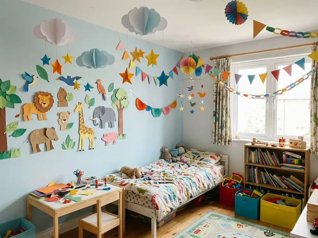 Colorful paper crafts used for decorating a kids room