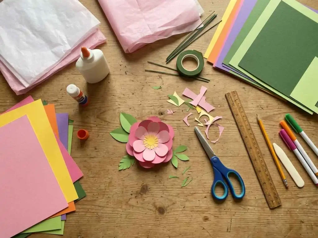 Supplies needed to make paper flowers with scissors glue and craft paper
