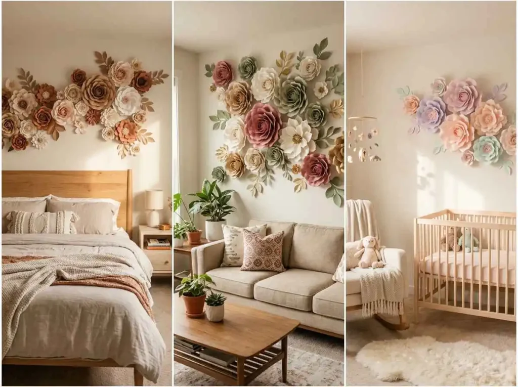 Paper flower wall decor ideas for bedroom living room and nursery