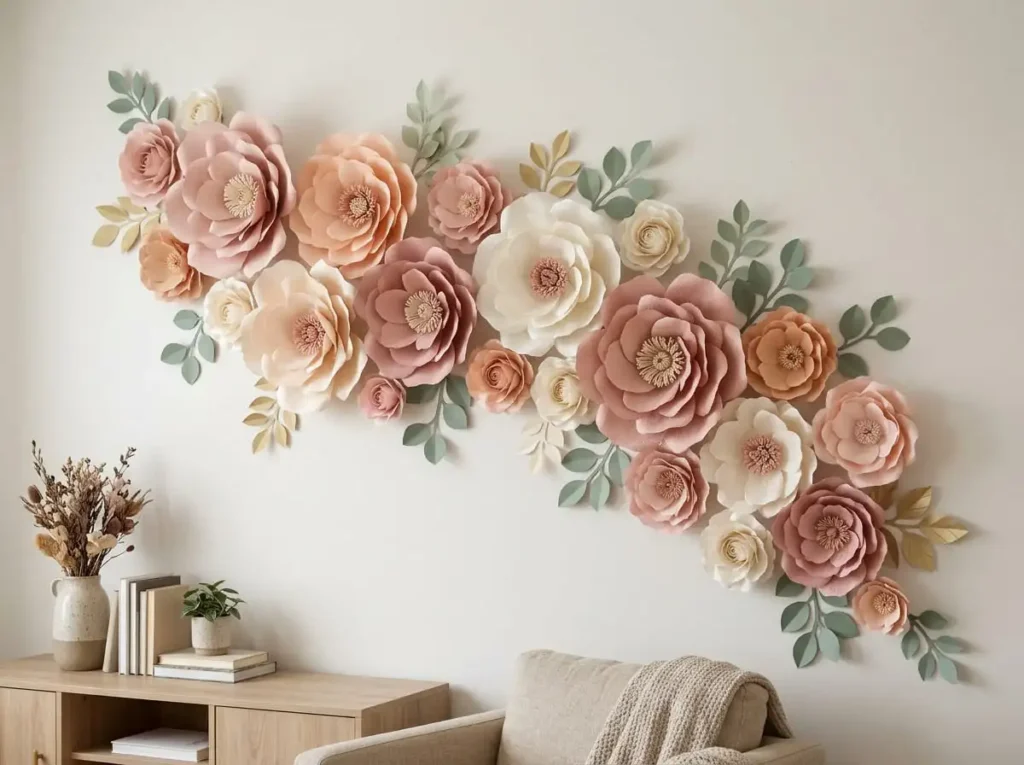 Paper flower wall decoration made with handmade paper crafts for home decor