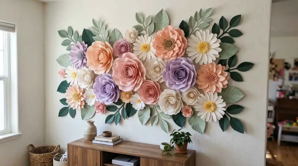 Paper flower wall decoration ideas with handmade floral wall decor