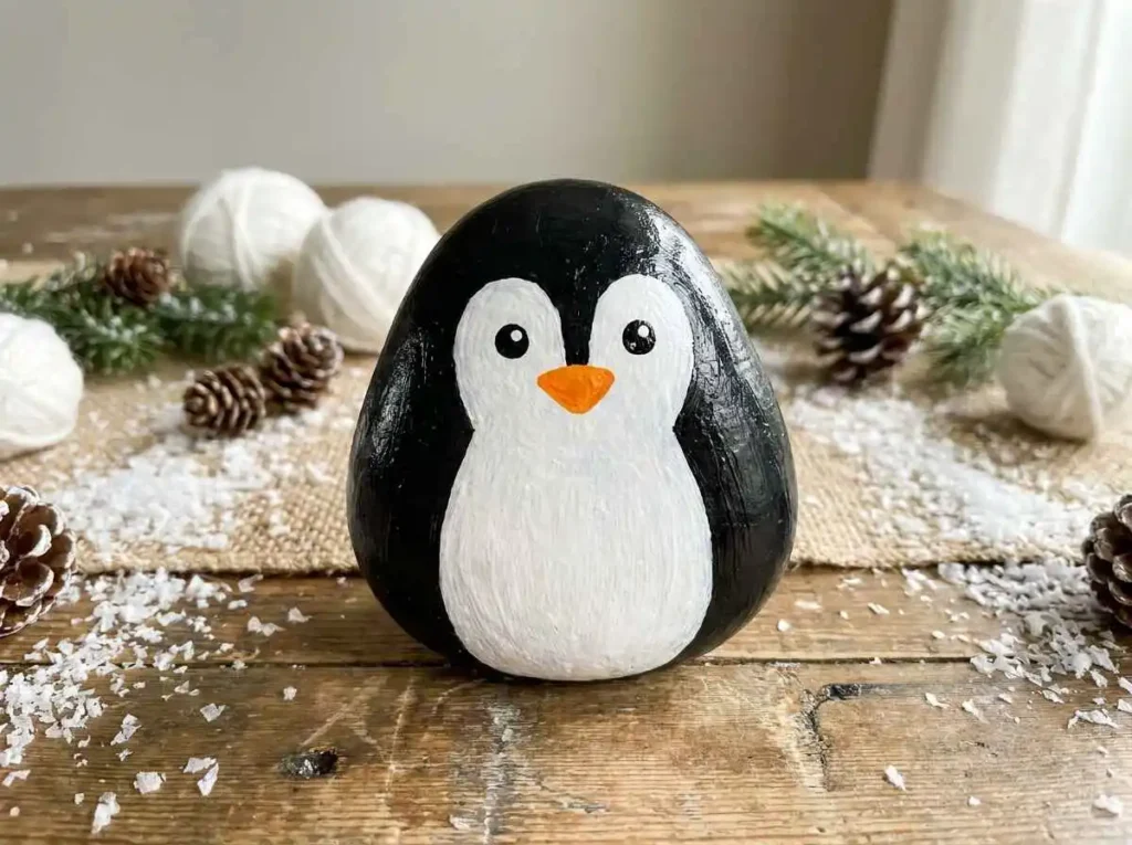 Easy penguin rock painting idea with black white and orange colors