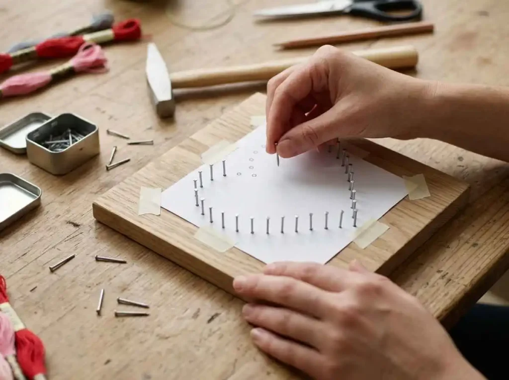 Placing nails on a wooden board for string art design