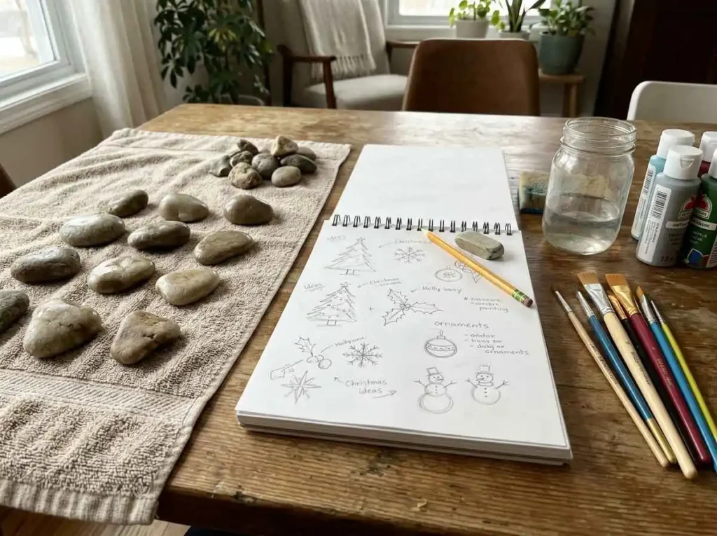 Preparing smooth rocks before creating Christmas painted rock designs