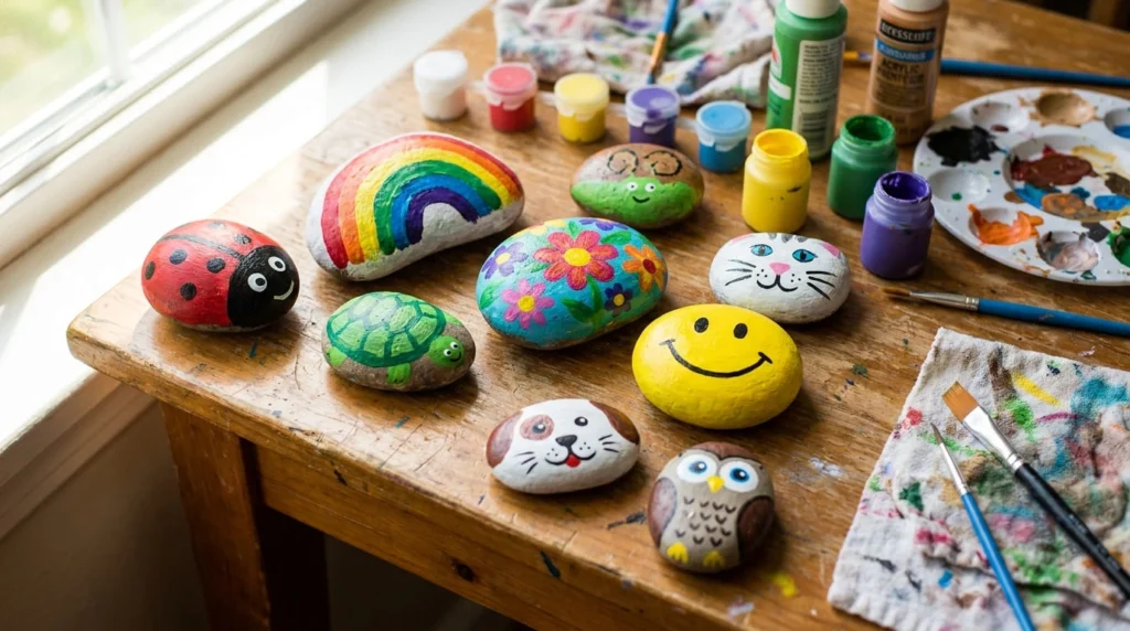 Rock painting ideas for kids with colorful painted rocks and creative designs