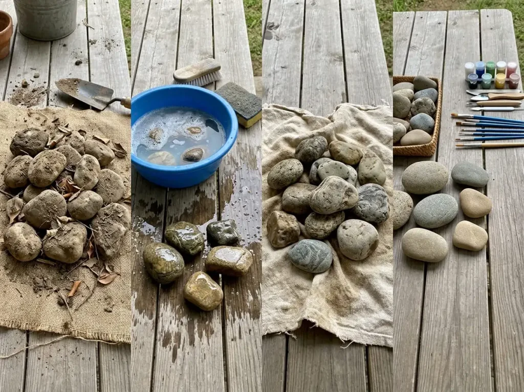 Step by step process of preparing rocks for painting