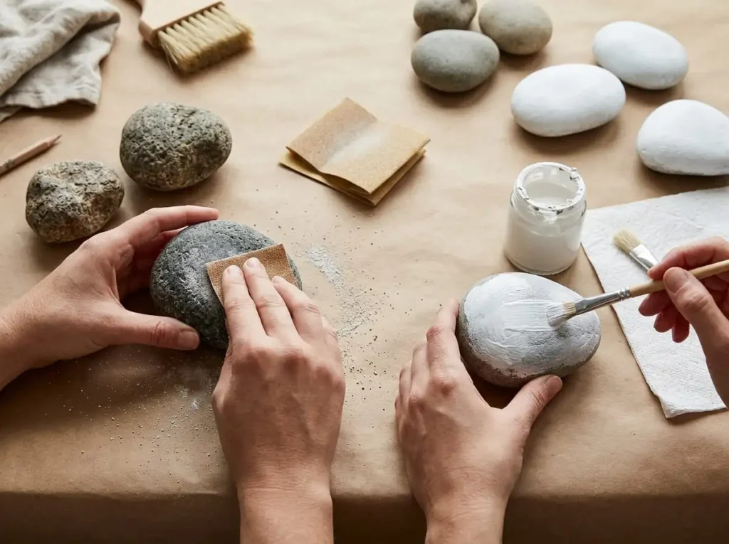 Sanding and priming rocks to create a smooth painting surface