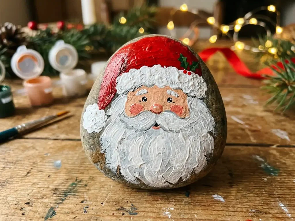 Santa Claus Christmas rock painting idea made with acrylic paint