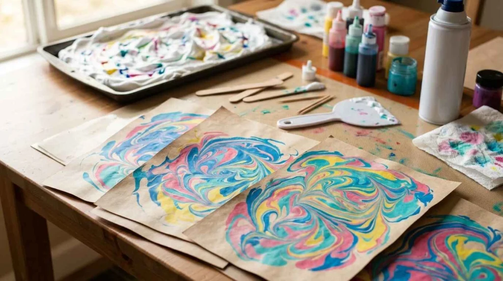 Shaving cream marbling art with colorful marble patterns