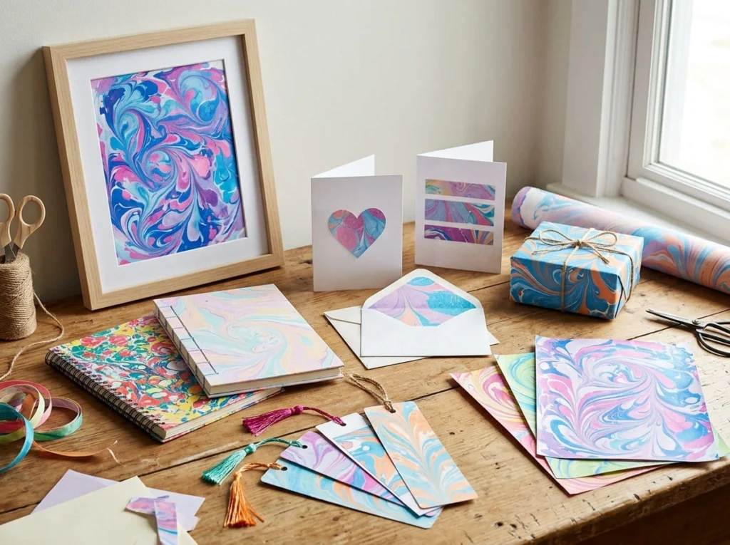 Creative crafts made with shaving cream marbled paper
