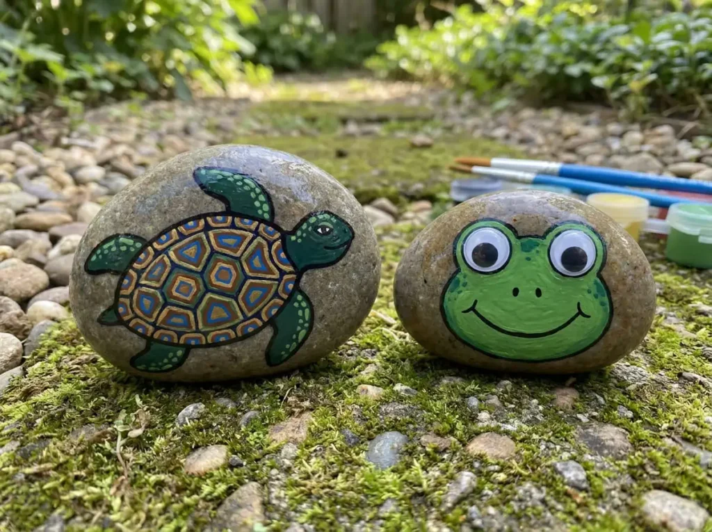 Colorful turtle and frog animal rock painting designs