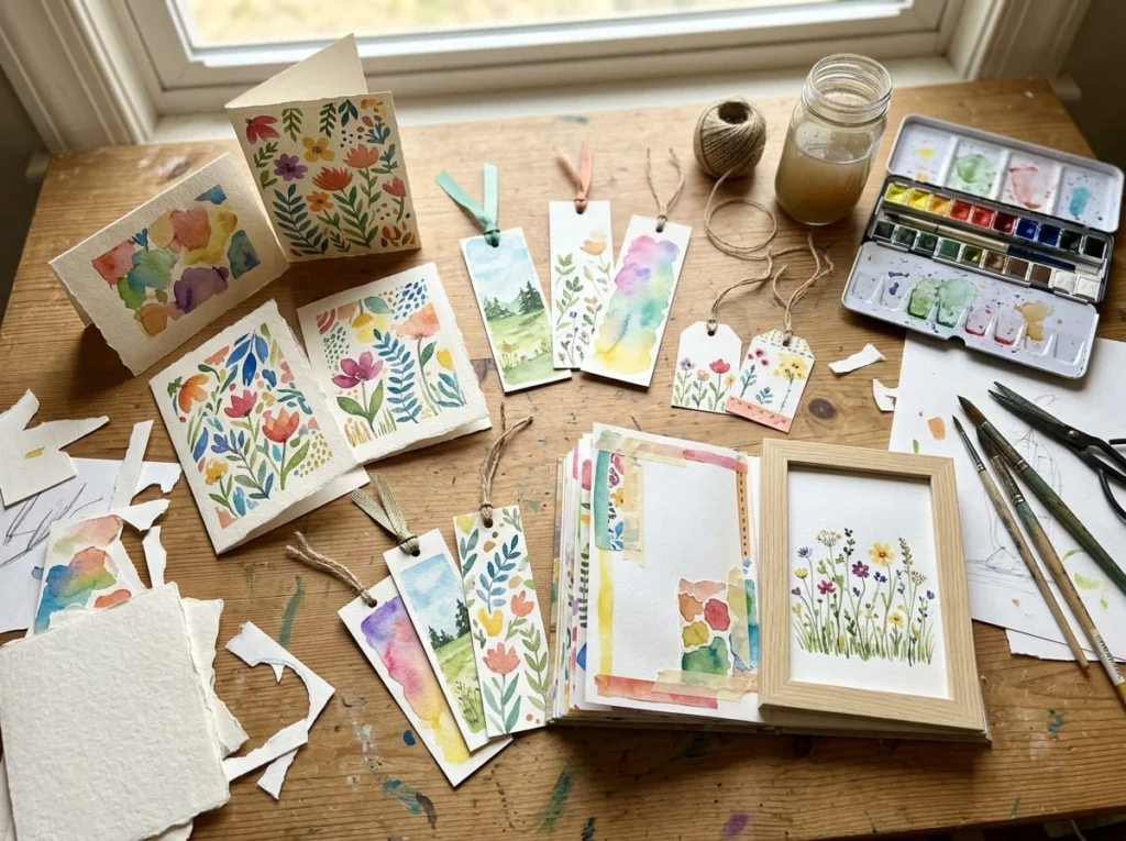 Handmade watercolor projects including cards and bookmarks