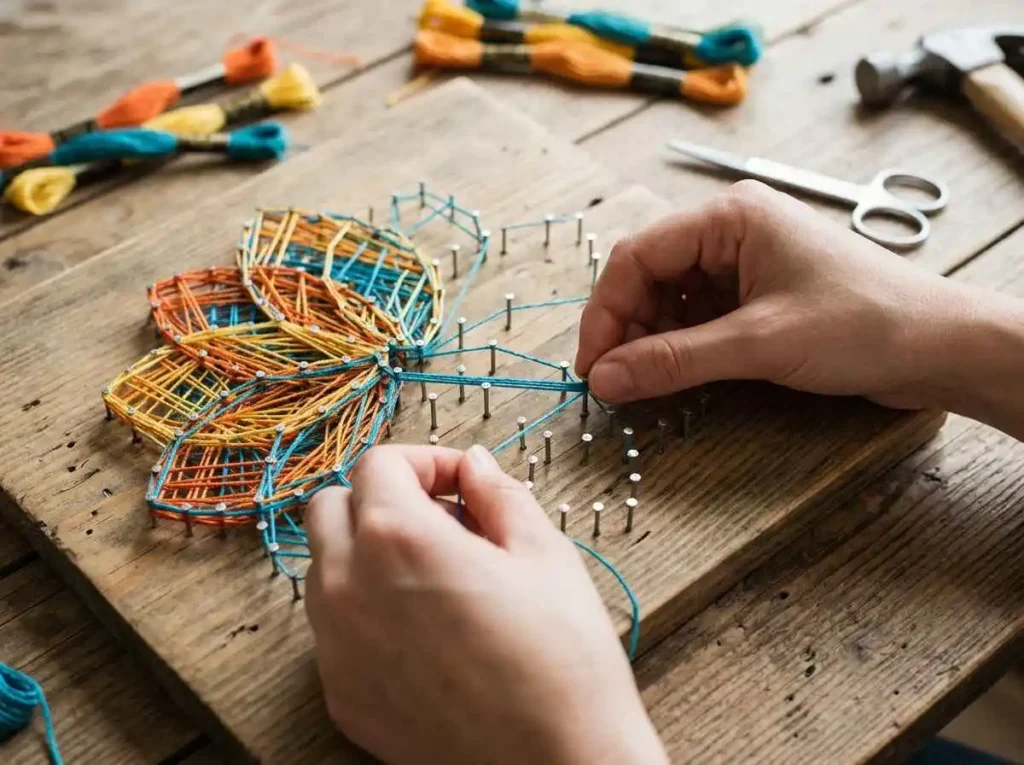 Wrapping colorful string around nails to create string art