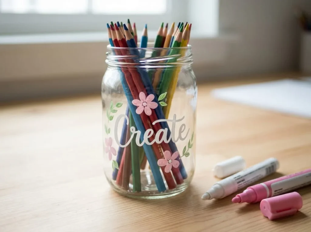 Decorative glass jar with white chalk marker lettering and small hand-drawn flowers