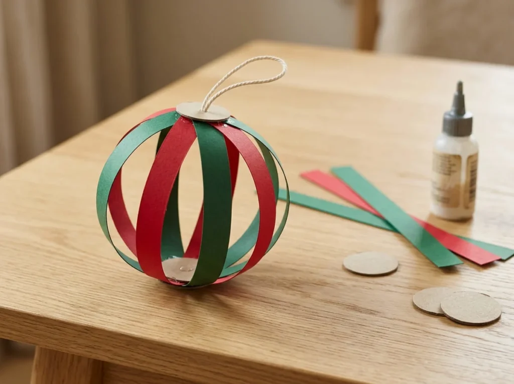 Round Christmas bauble ornament made from curved red and green cardstock strips