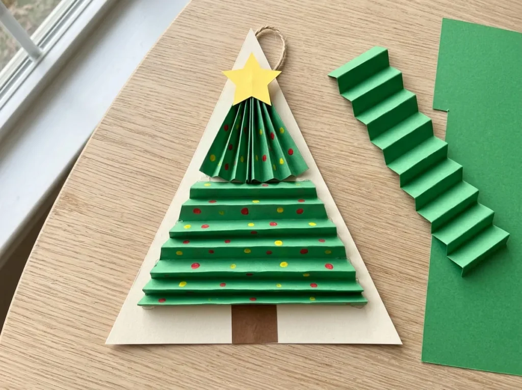 Accordion folded green paper Christmas tree ornament with a yellow star and brown trunk